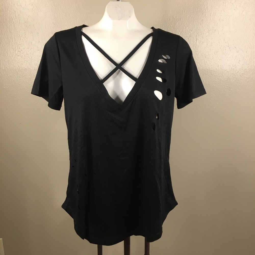 V Neck Criss Cross Ripped Tee
